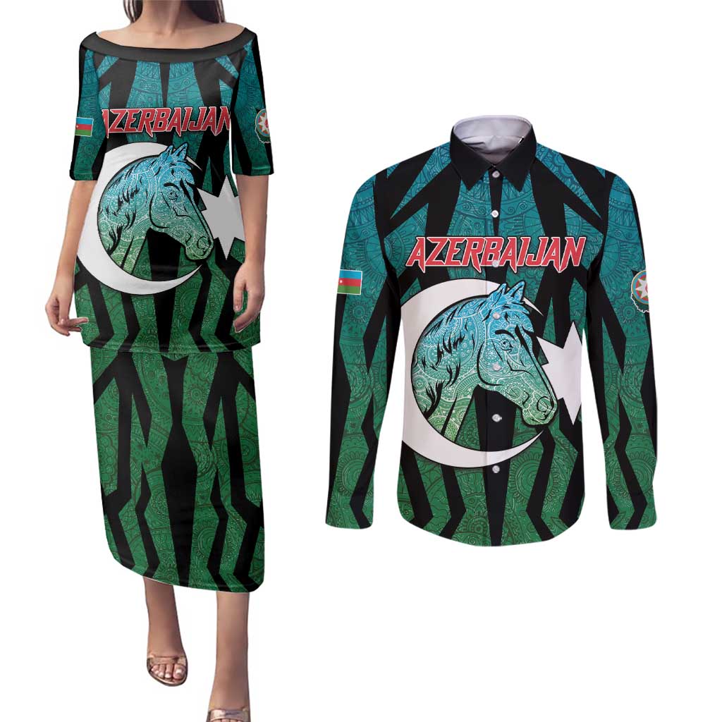 Personalized Azerbaijan Couples Matching Puletasi and Long Sleeve Button Shirt Karabakh Horse Tattoo - Wonder Print Shop