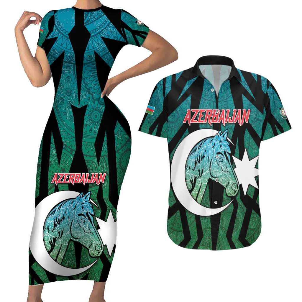 Personalized Azerbaijan Couples Matching Short Sleeve Bodycon Dress and Hawaiian Shirt Karabakh Horse Tattoo - Wonder Print Shop