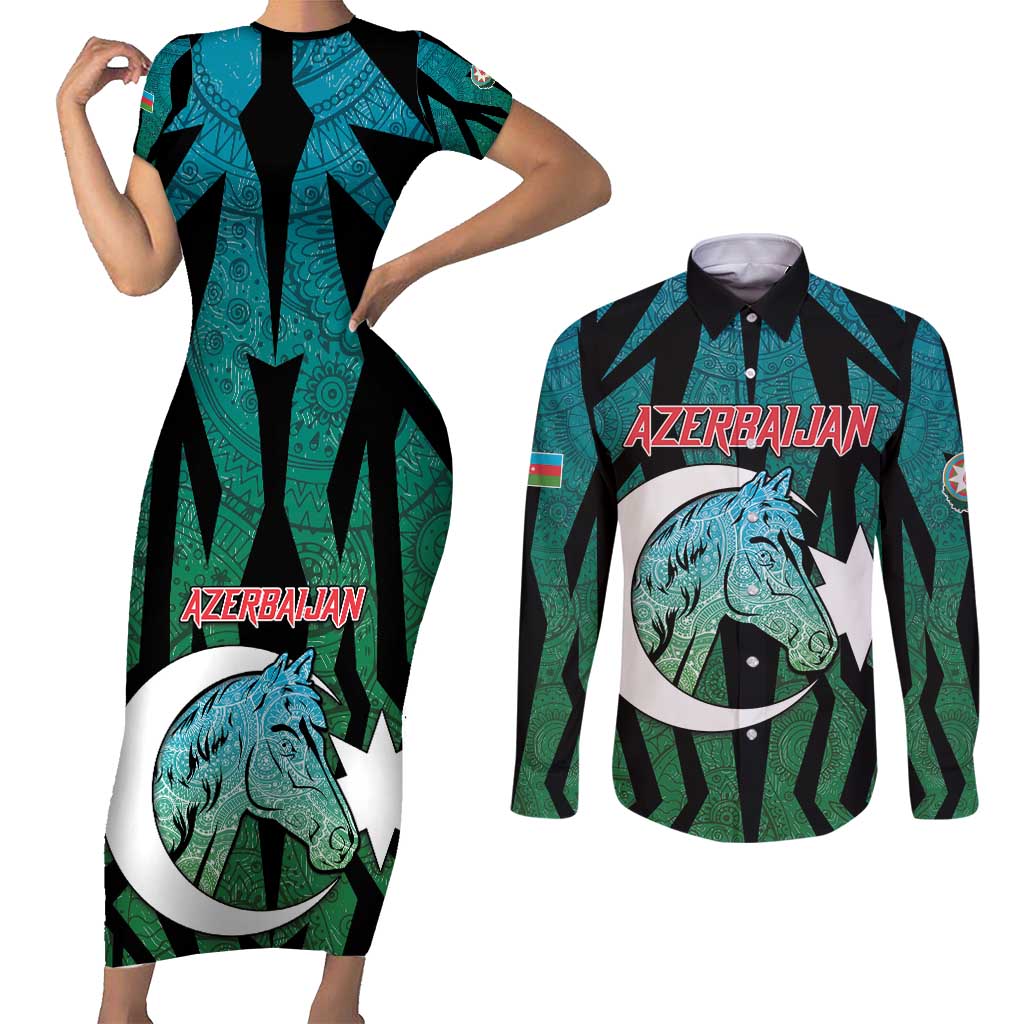 Personalized Azerbaijan Couples Matching Short Sleeve Bodycon Dress and Long Sleeve Button Shirt Karabakh Horse Tattoo - Wonder Print Shop