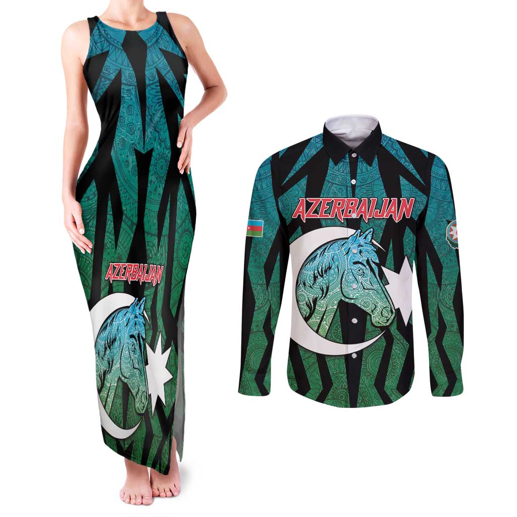 Personalized Azerbaijan Couples Matching Tank Maxi Dress and Long Sleeve Button Shirt Karabakh Horse Tattoo - Wonder Print Shop