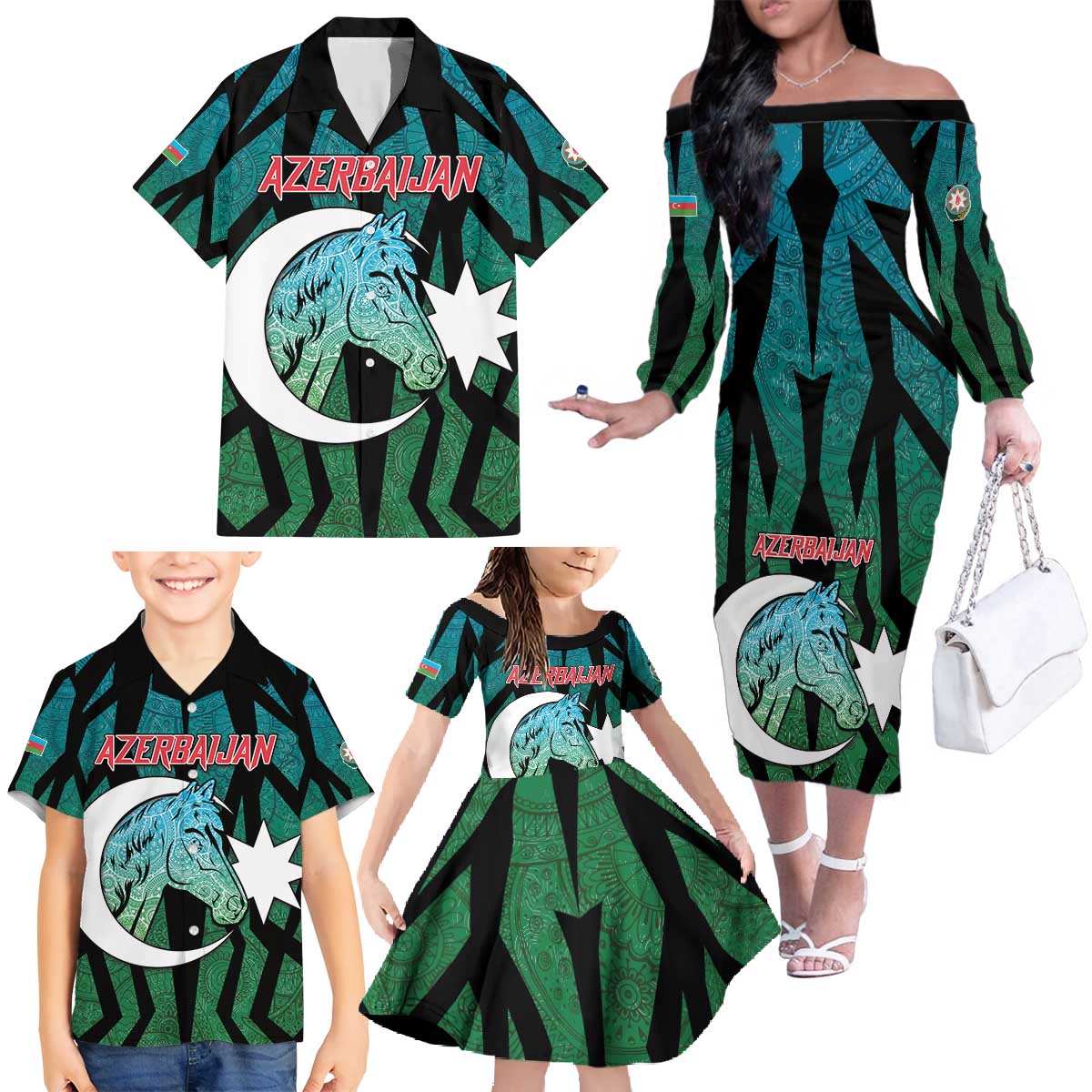 Personalized Azerbaijan Family Matching Off The Shoulder Long Sleeve Dress and Hawaiian Shirt Karabakh Horse Tattoo - Wonder Print Shop