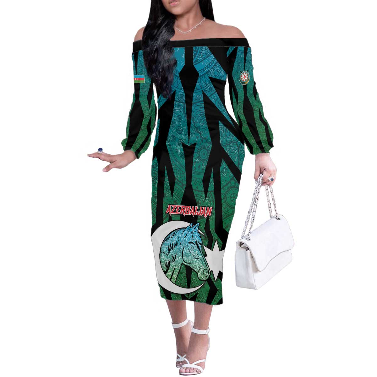 Personalized Azerbaijan Family Matching Off The Shoulder Long Sleeve Dress and Hawaiian Shirt Karabakh Horse Tattoo - Wonder Print Shop