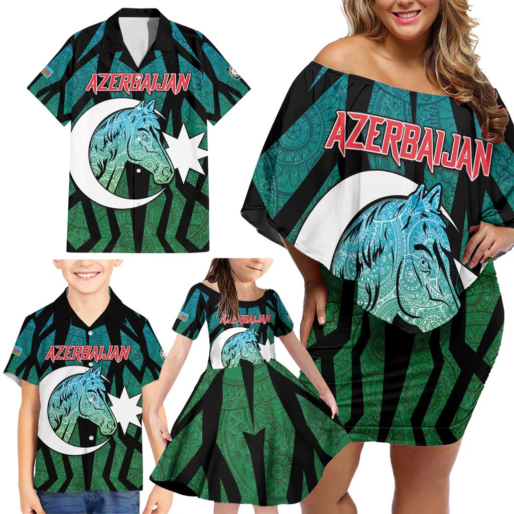 Personalized Azerbaijan Family Matching Off Shoulder Short Dress and Hawaiian Shirt Karabakh Horse Tattoo - Wonder Print Shop