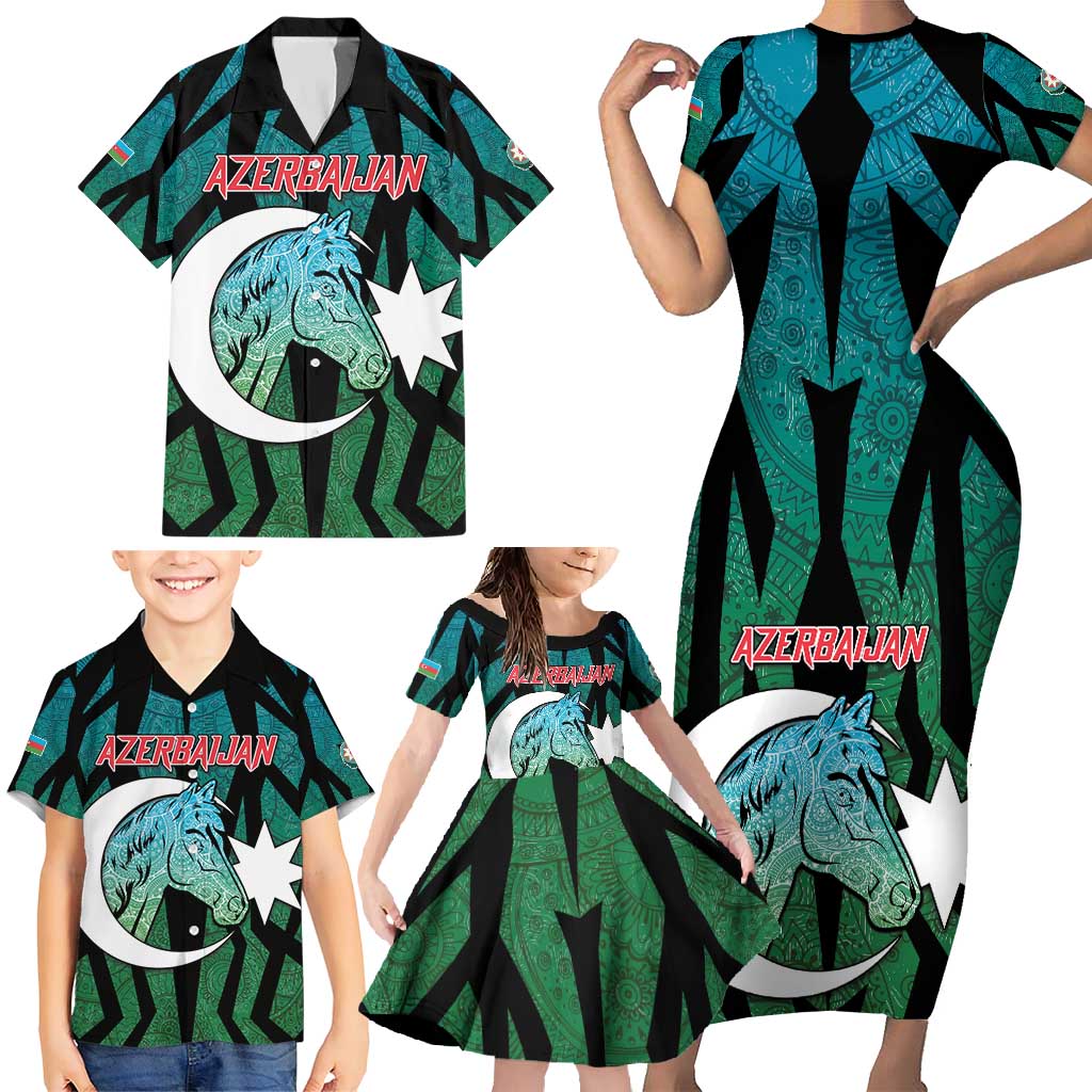 Personalized Azerbaijan Family Matching Short Sleeve Bodycon Dress and Hawaiian Shirt Karabakh Horse Tattoo - Wonder Print Shop