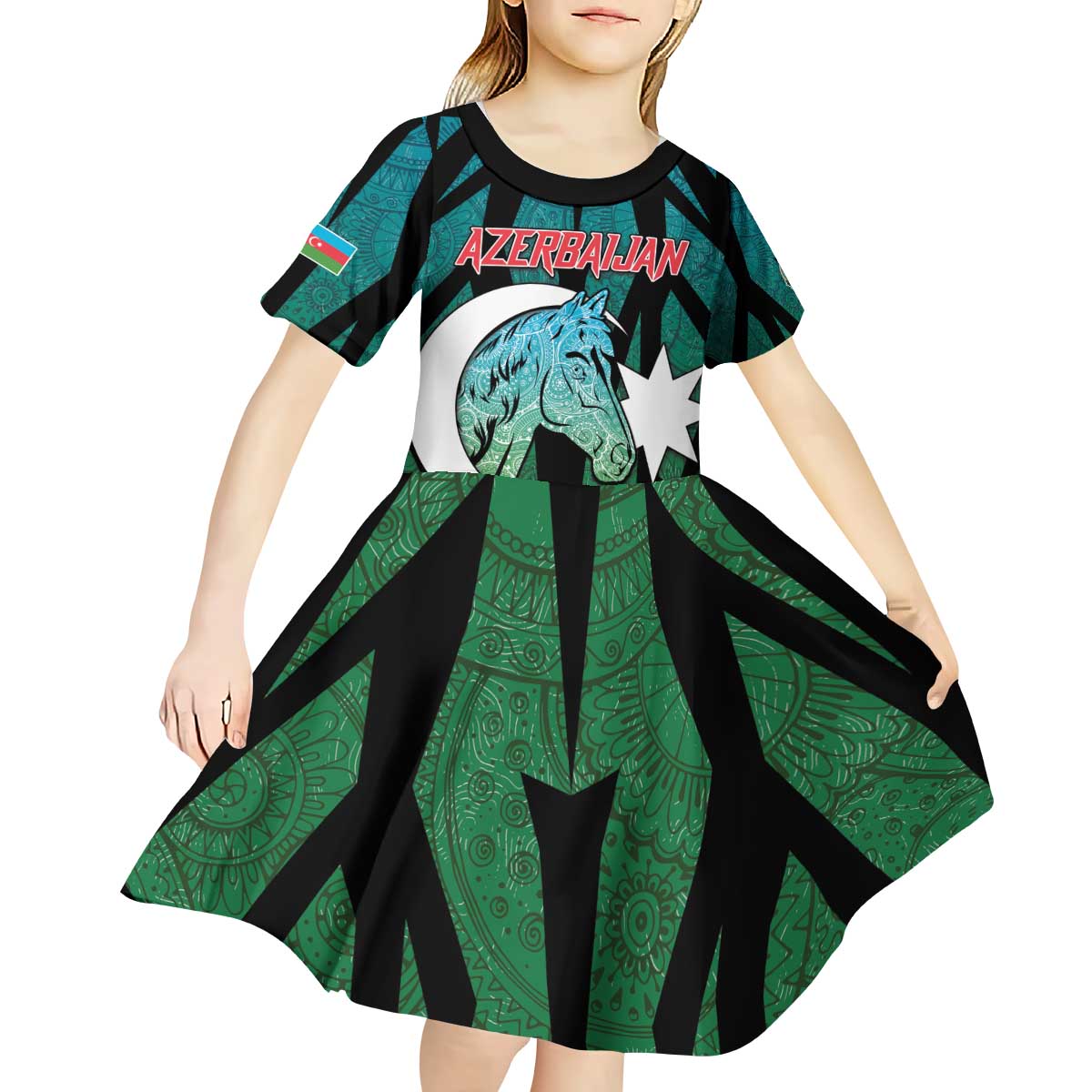 Personalized Azerbaijan Kid Short Sleeve Dress Karabakh Horse Tattoo - Wonder Print Shop