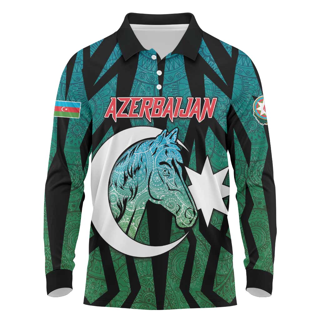 Personalized Azerbaijan Long Sleeve Polo Shirt Karabakh Horse Tattoo - Wonder Print Shop
