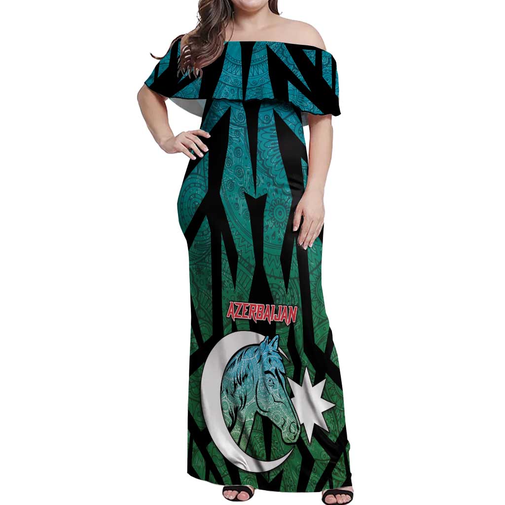Personalized Azerbaijan Off Shoulder Maxi Dress Karabakh Horse Tattoo - Wonder Print Shop