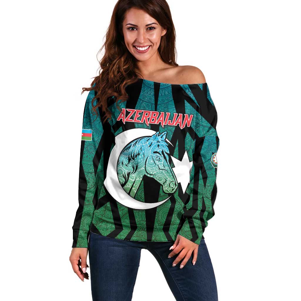 Personalized Azerbaijan Off Shoulder Sweater Karabakh Horse Tattoo - Wonder Print Shop