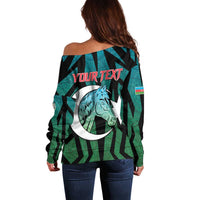 Personalized Azerbaijan Off Shoulder Sweater Karabakh Horse Tattoo - Wonder Print Shop
