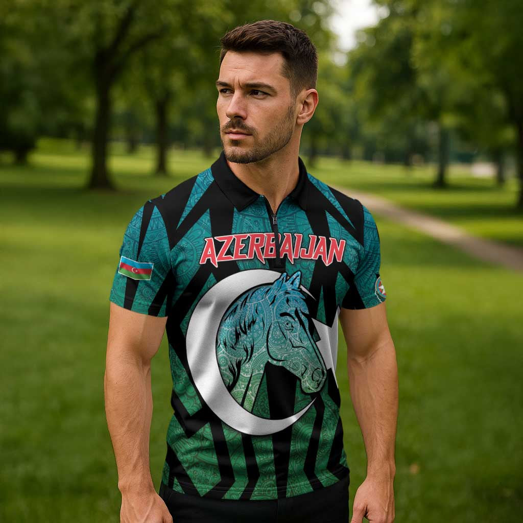 Personalized Azerbaijan Zipper Polo Shirt Karabakh Horse Tattoo - Wonder Print Shop