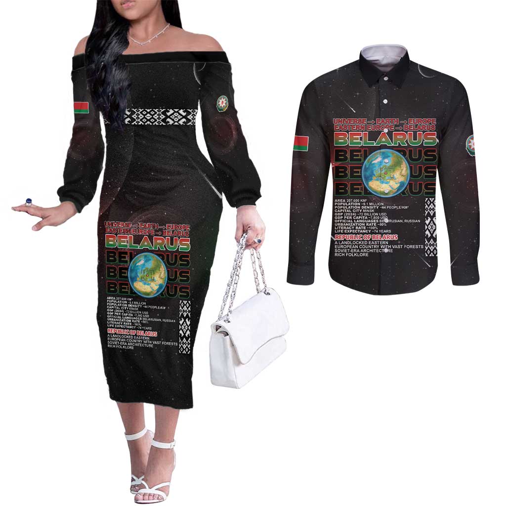 Belarus Couples Matching Off The Shoulder Long Sleeve Dress and Long Sleeve Button Shirt Information From The Universe - Wonder Print Shop