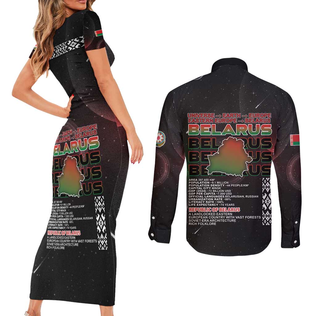 Belarus Couples Matching Short Sleeve Bodycon Dress and Long Sleeve Button Shirt Information From The Universe - Wonder Print Shop