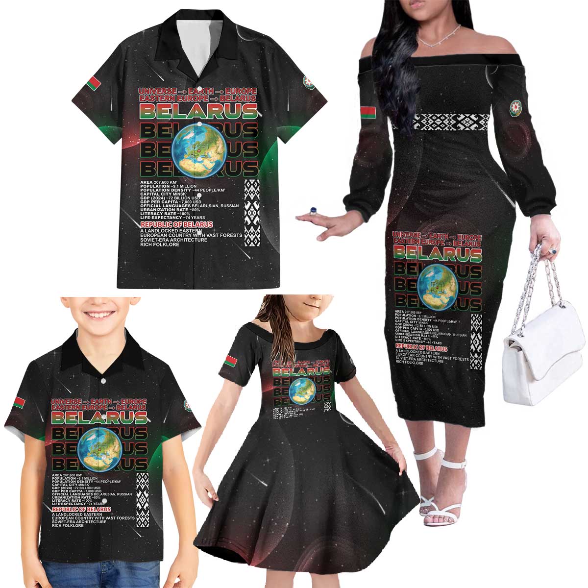 Belarus Family Matching Off The Shoulder Long Sleeve Dress and Hawaiian Shirt Information From The Universe - Wonder Print Shop