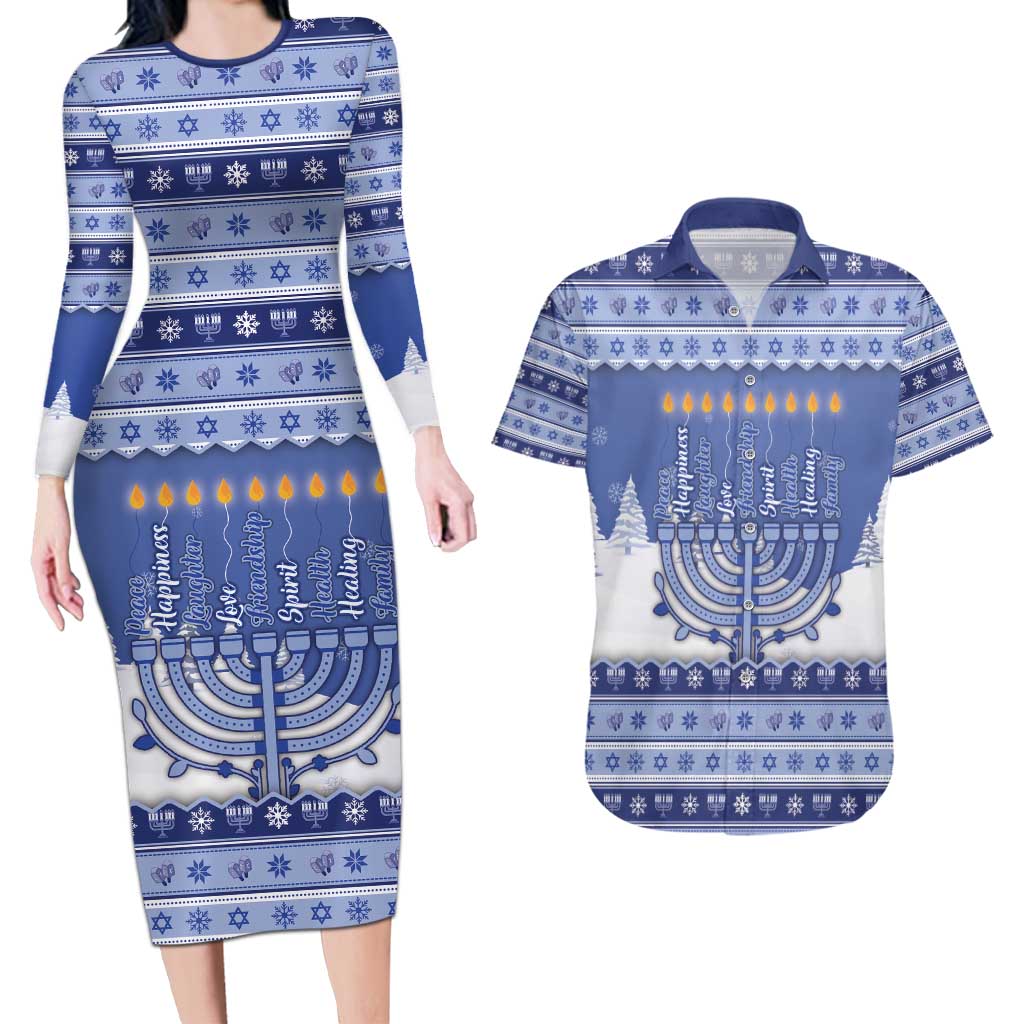Hanukkah Christmas Couples Matching Long Sleeve Bodycon Dress and Hawaiian Shirt Love And Lights - Wonder Print Shop