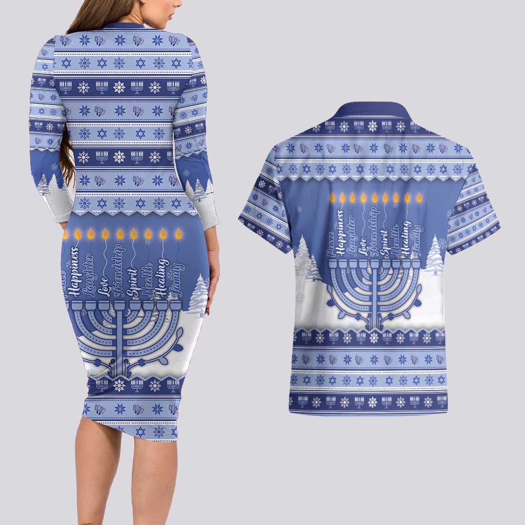 Hanukkah Christmas Couples Matching Long Sleeve Bodycon Dress and Hawaiian Shirt Love And Lights - Wonder Print Shop