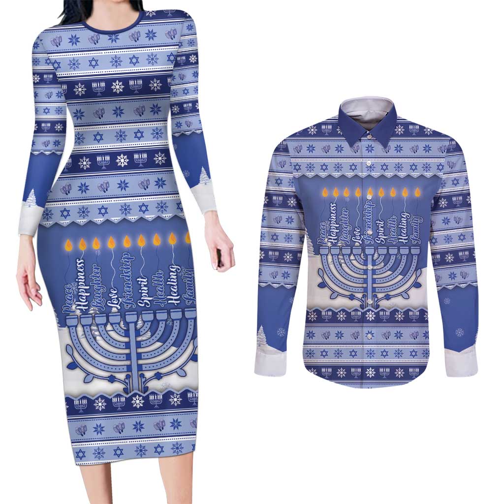 Hanukkah Christmas Couples Matching Long Sleeve Bodycon Dress and Long Sleeve Button Shirt Love And Lights - Wonder Print Shop
