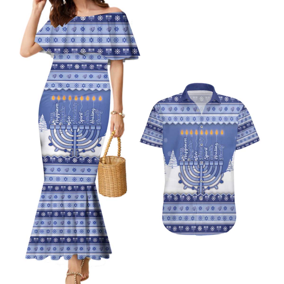 Hanukkah Christmas Couples Matching Mermaid Dress and Hawaiian Shirt Love And Lights - Wonder Print Shop