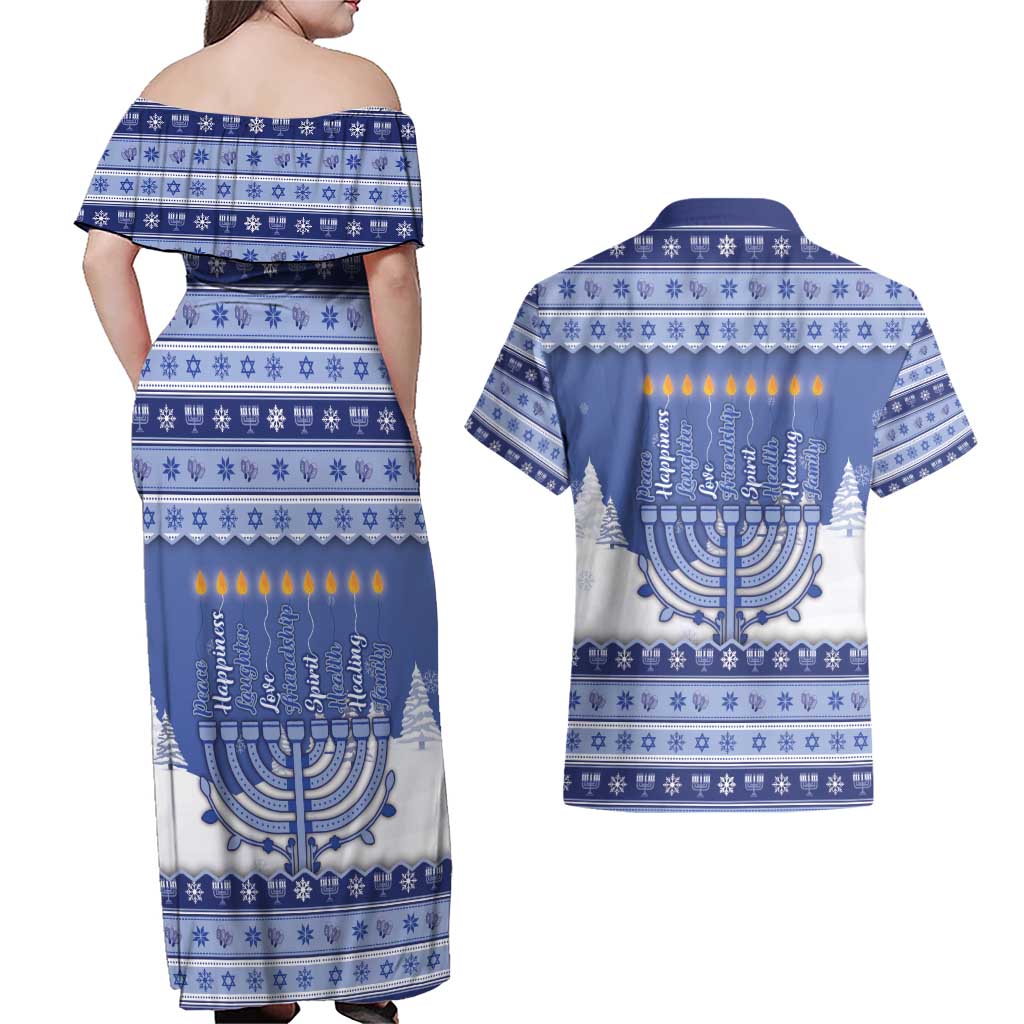 Hanukkah Christmas Couples Matching Off Shoulder Maxi Dress and Hawaiian Shirt Love And Lights - Wonder Print Shop