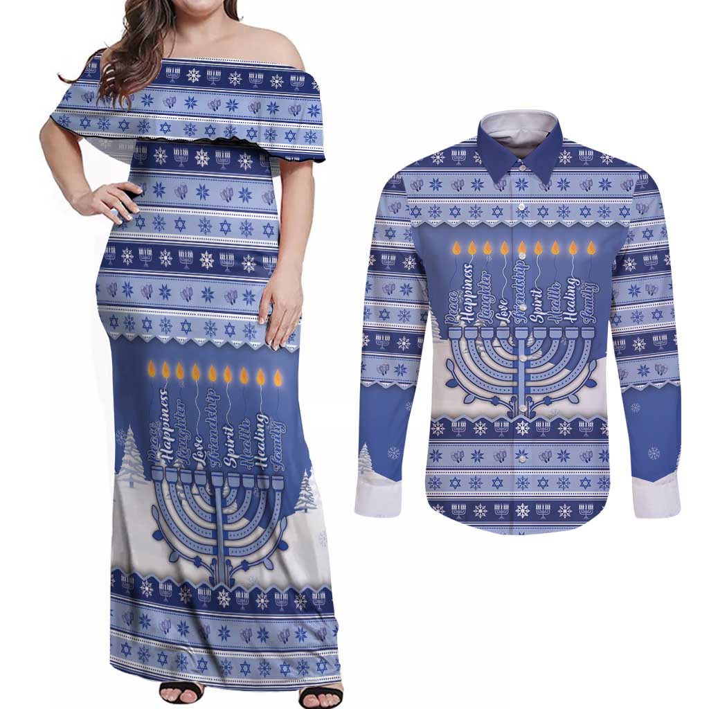 Hanukkah Christmas Couples Matching Off Shoulder Maxi Dress and Long Sleeve Button Shirt Love And Lights - Wonder Print Shop