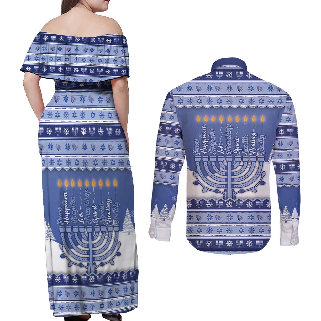 Hanukkah Christmas Couples Matching Off Shoulder Maxi Dress and Long Sleeve Button Shirt Love And Lights - Wonder Print Shop