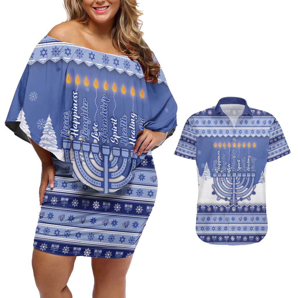 Hanukkah Christmas Couples Matching Off Shoulder Short Dress and Hawaiian Shirt Love And Lights - Wonder Print Shop