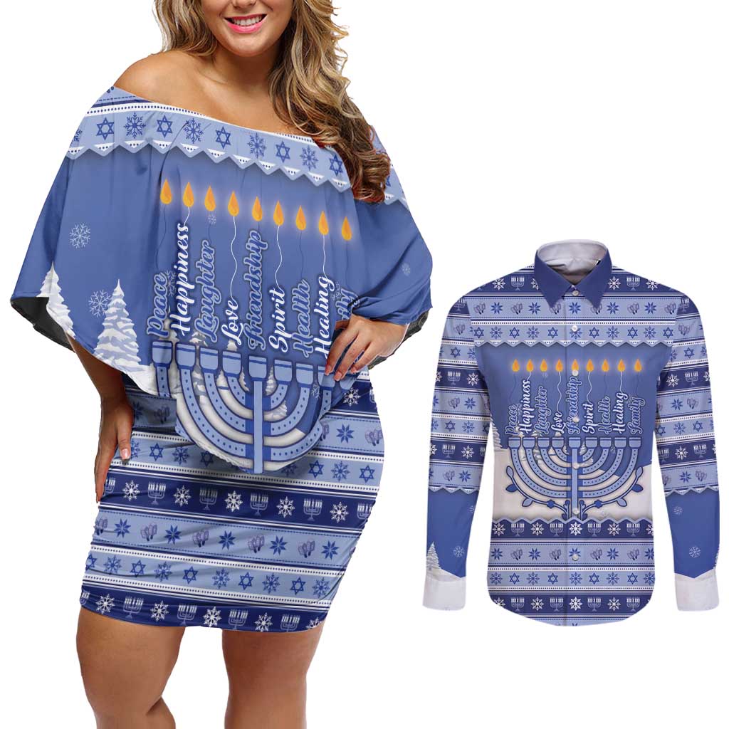 Hanukkah Christmas Couples Matching Off Shoulder Short Dress and Long Sleeve Button Shirt Love And Lights - Wonder Print Shop