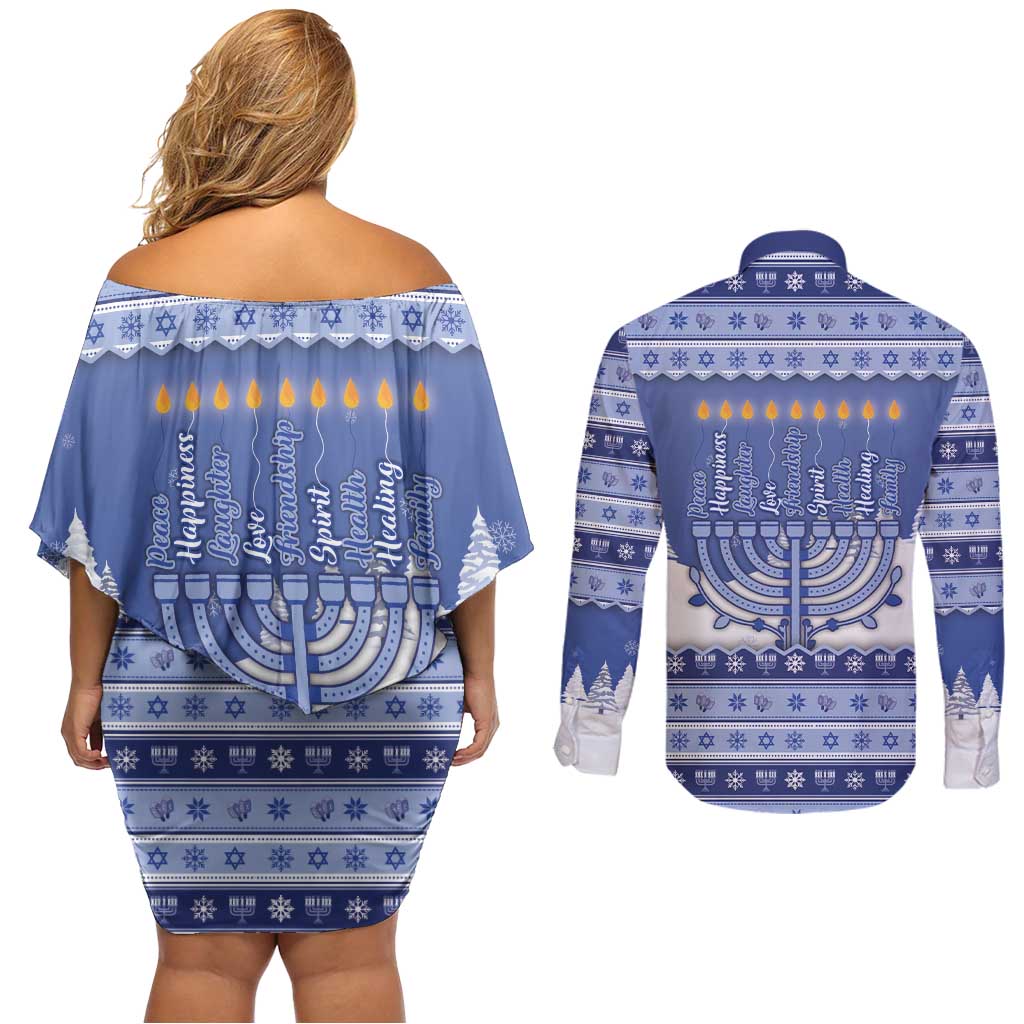 Hanukkah Christmas Couples Matching Off Shoulder Short Dress and Long Sleeve Button Shirt Love And Lights - Wonder Print Shop