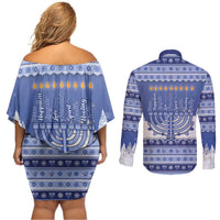 Hanukkah Christmas Couples Matching Off Shoulder Short Dress and Long Sleeve Button Shirt Love And Lights - Wonder Print Shop