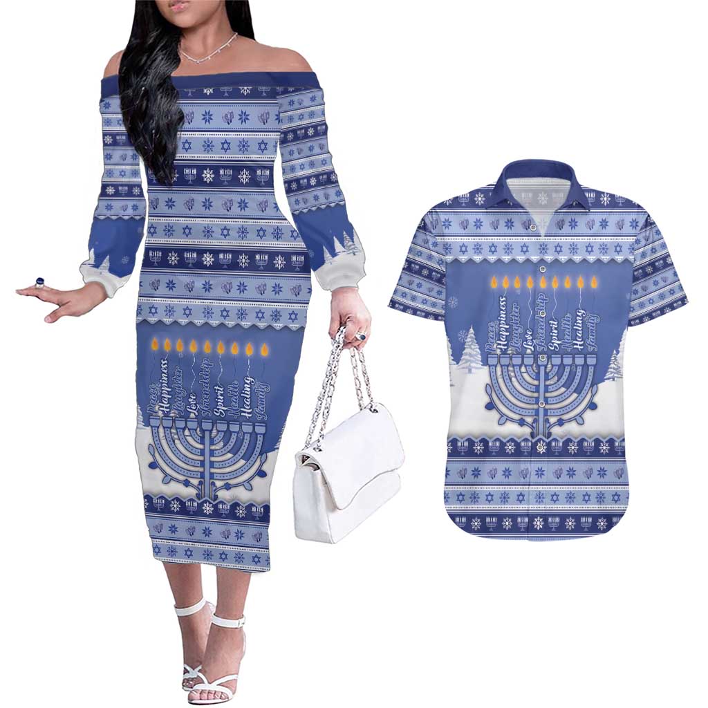 Hanukkah Christmas Couples Matching Off The Shoulder Long Sleeve Dress and Hawaiian Shirt Love And Lights - Wonder Print Shop