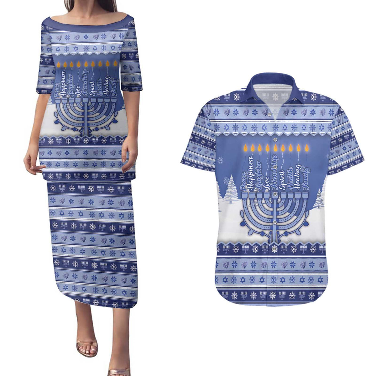 Hanukkah Christmas Couples Matching Puletasi and Hawaiian Shirt Love And Lights - Wonder Print Shop