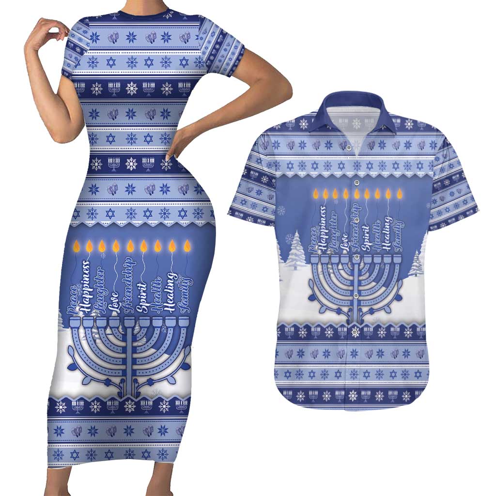 Hanukkah Christmas Couples Matching Short Sleeve Bodycon Dress and Hawaiian Shirt Love And Lights - Wonder Print Shop