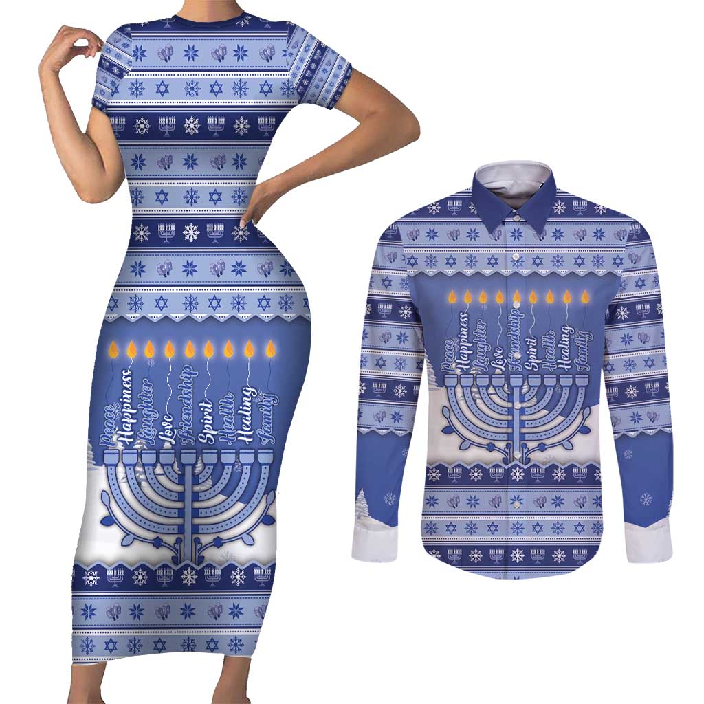 Hanukkah Christmas Couples Matching Short Sleeve Bodycon Dress and Long Sleeve Button Shirt Love And Lights - Wonder Print Shop