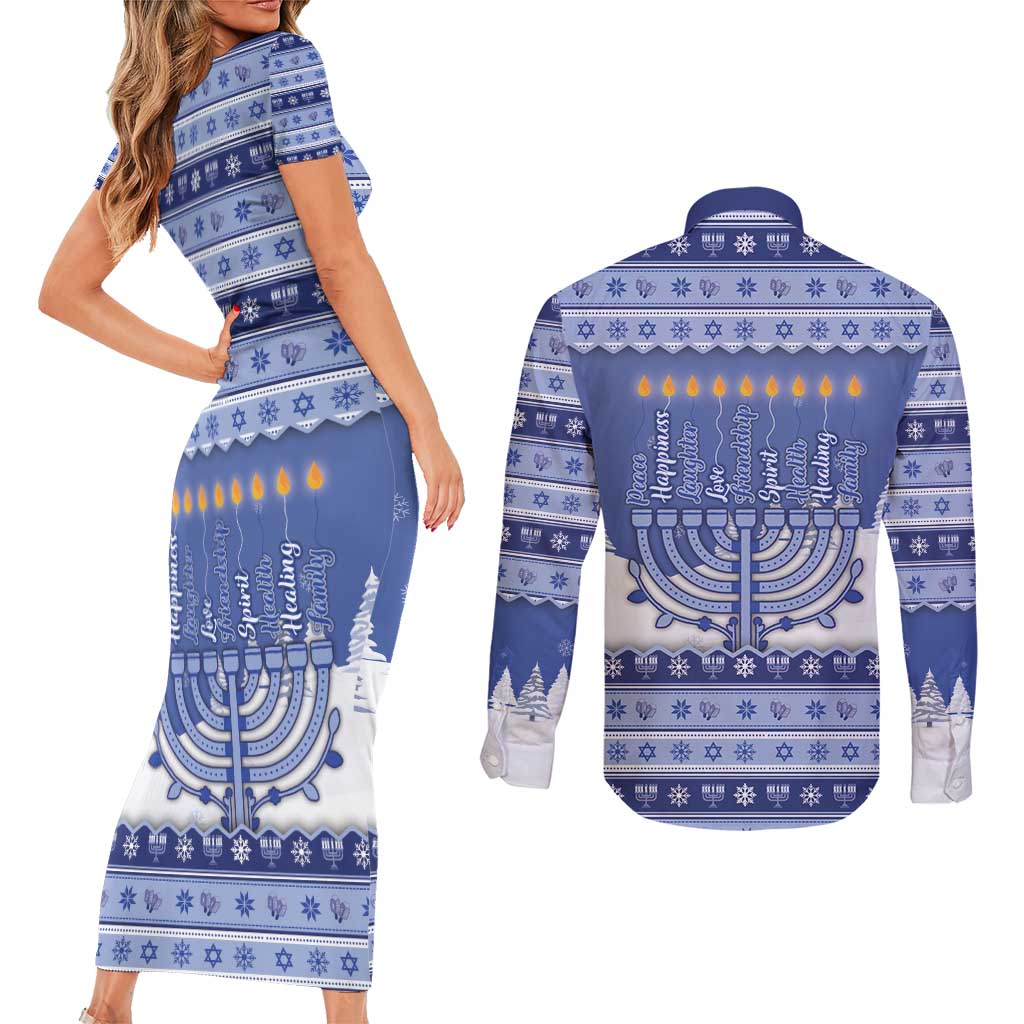 Hanukkah Christmas Couples Matching Short Sleeve Bodycon Dress and Long Sleeve Button Shirt Love And Lights - Wonder Print Shop