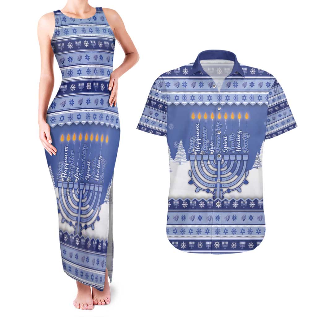 Hanukkah Christmas Couples Matching Tank Maxi Dress and Hawaiian Shirt Love And Lights - Wonder Print Shop