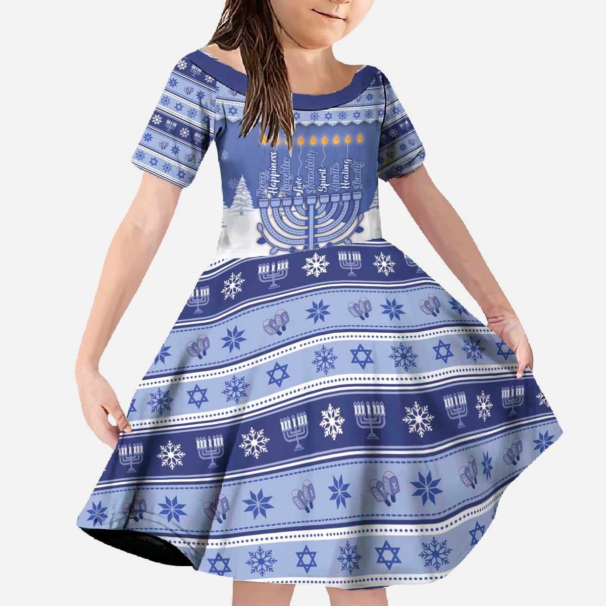 Hanukkah Christmas Family Matching Off The Shoulder Long Sleeve Dress and Hawaiian Shirt Love And Lights - Wonder Print Shop