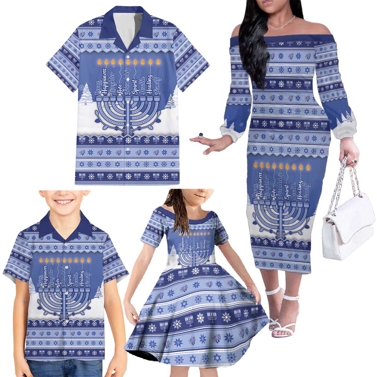 Hanukkah Christmas Family Matching Off The Shoulder Long Sleeve Dress and Hawaiian Shirt Love And Lights - Wonder Print Shop