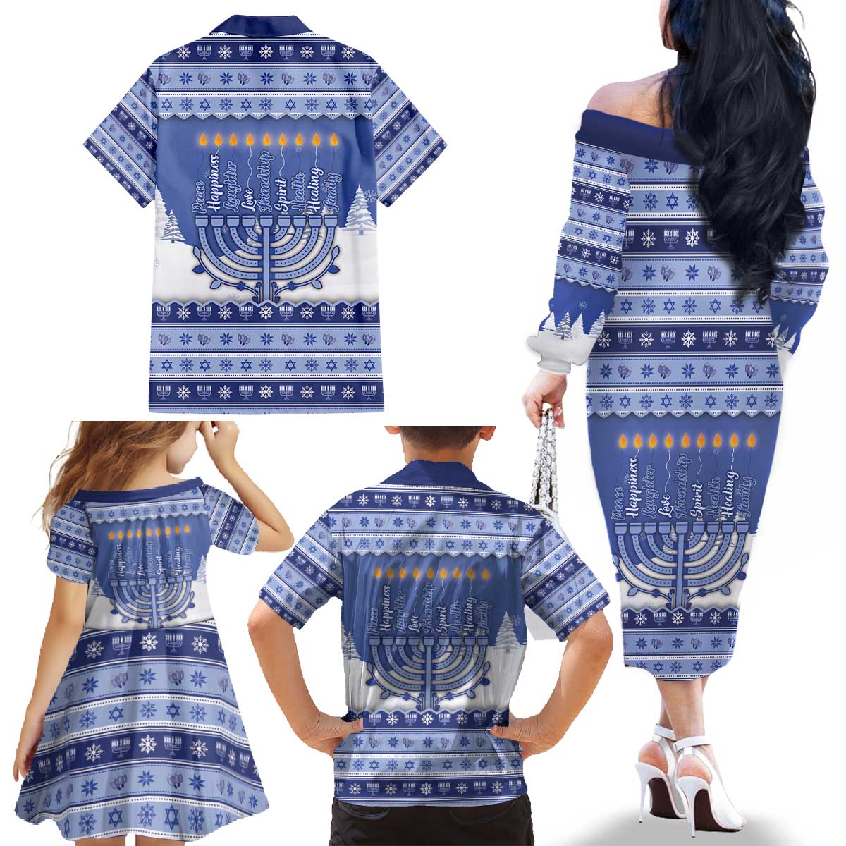 Hanukkah Christmas Family Matching Off The Shoulder Long Sleeve Dress and Hawaiian Shirt Love And Lights - Wonder Print Shop
