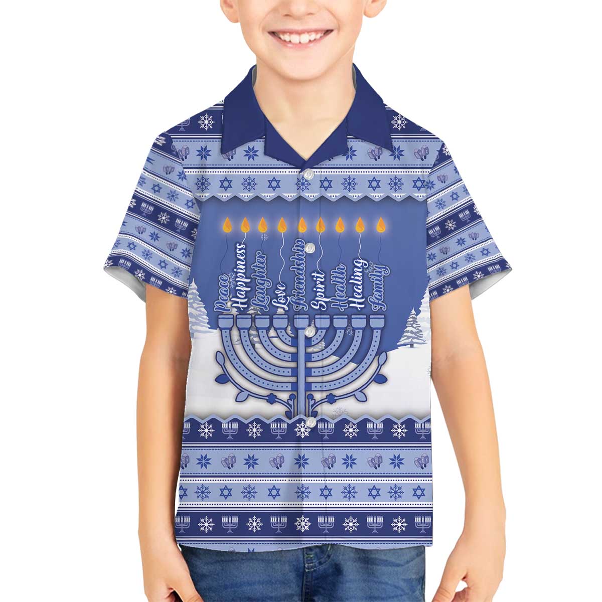 Hanukkah Christmas Family Matching Off The Shoulder Long Sleeve Dress and Hawaiian Shirt Love And Lights - Wonder Print Shop