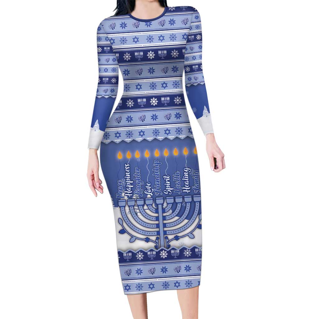 Hanukkah Christmas Long Sleeve Bodycon Dress Love And Lights - Wonder Print Shop