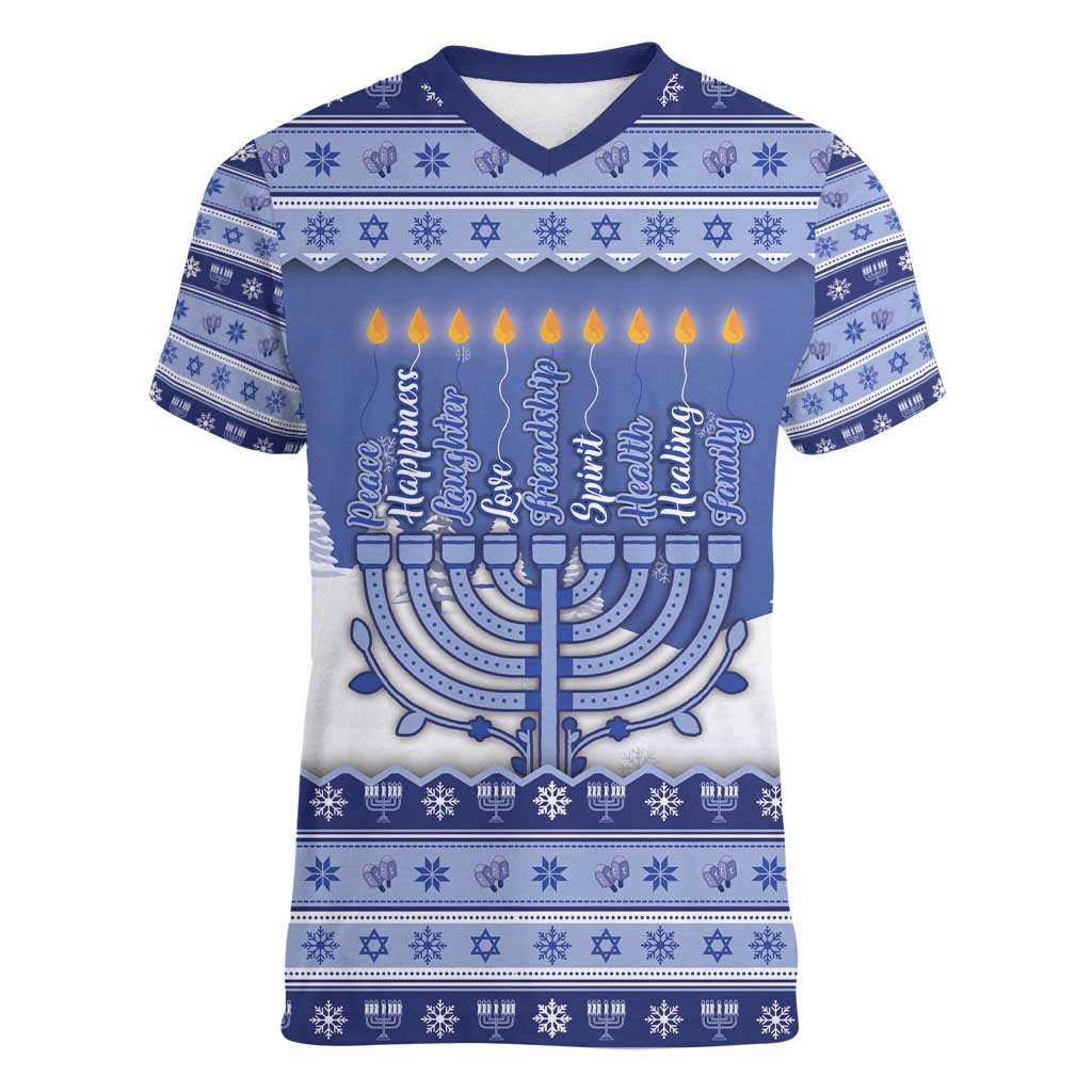 Hanukkah Christmas Women V-Neck T-Shirt Love And Lights - Wonder Print Shop