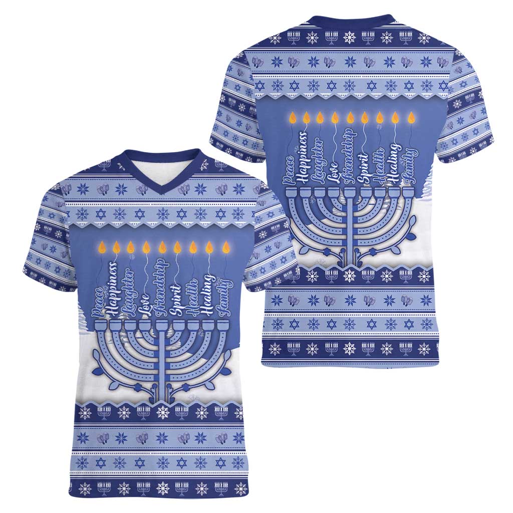 Hanukkah Christmas Women V-Neck T-Shirt Love And Lights - Wonder Print Shop