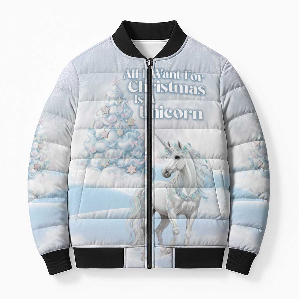 Magical Christmas Bomber Puffer Jacket Unicorn With Cotton Candy Xmas Tree - Wonder Print Shop