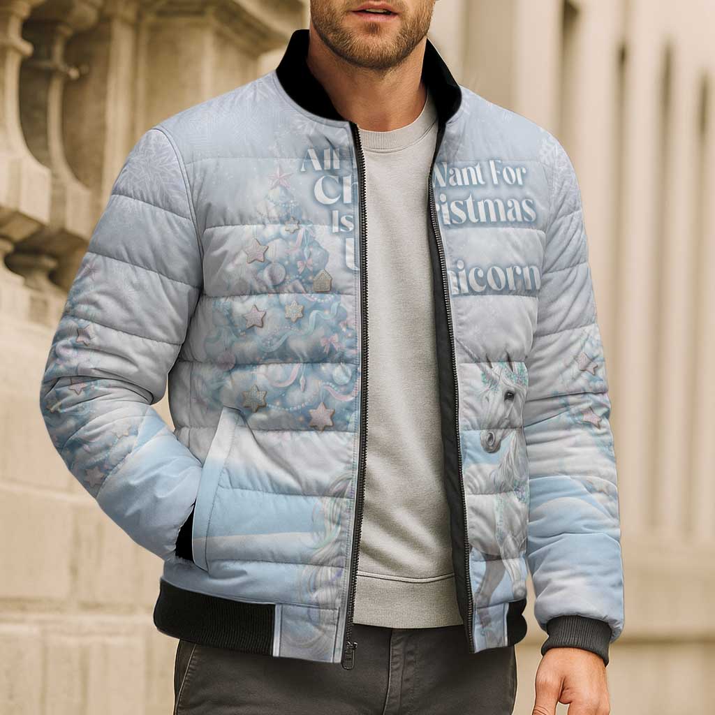 Magical Christmas Bomber Puffer Jacket Unicorn With Cotton Candy Xmas Tree - Wonder Print Shop
