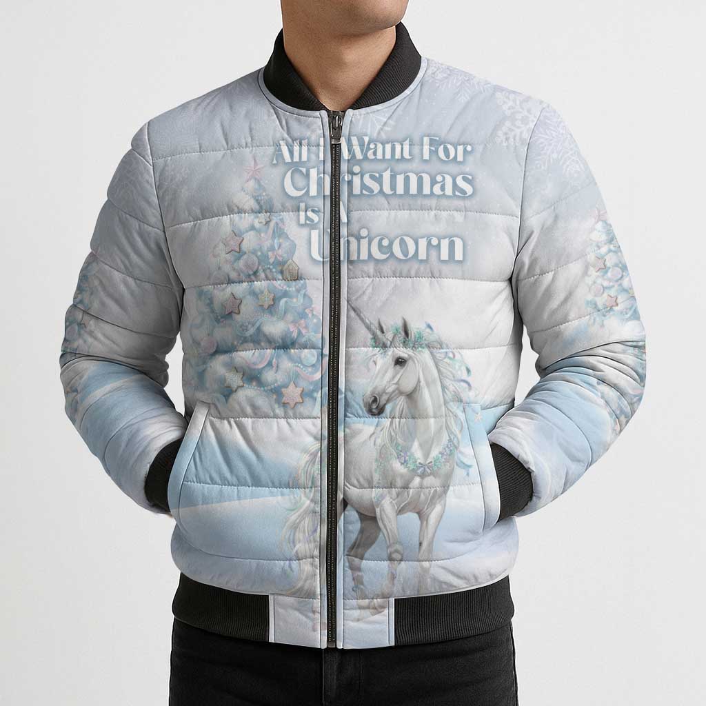 Magical Christmas Bomber Puffer Jacket Unicorn With Cotton Candy Xmas Tree - Wonder Print Shop