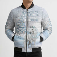 Magical Christmas Bomber Puffer Jacket Unicorn With Cotton Candy Xmas Tree - Wonder Print Shop
