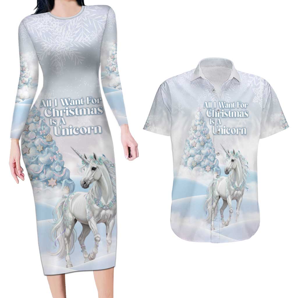 Magical Christmas Couples Matching Long Sleeve Bodycon Dress and Hawaiian Shirt Unicorn With Cotton Candy Xmas Tree - Wonder Print Shop