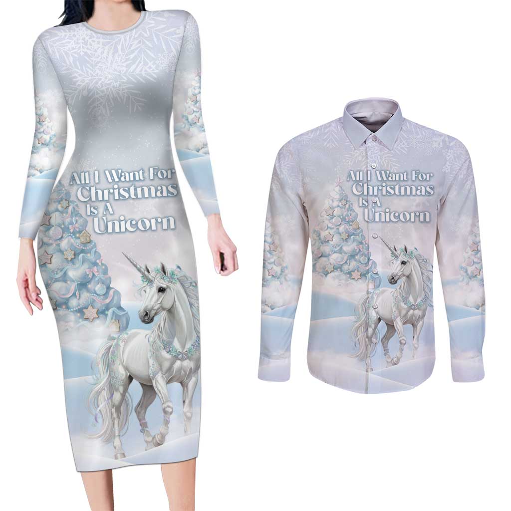 Magical Christmas Couples Matching Long Sleeve Bodycon Dress and Long Sleeve Button Shirt Unicorn With Cotton Candy Xmas Tree - Wonder Print Shop