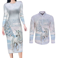 Magical Christmas Couples Matching Long Sleeve Bodycon Dress and Long Sleeve Button Shirt Unicorn With Cotton Candy Xmas Tree - Wonder Print Shop