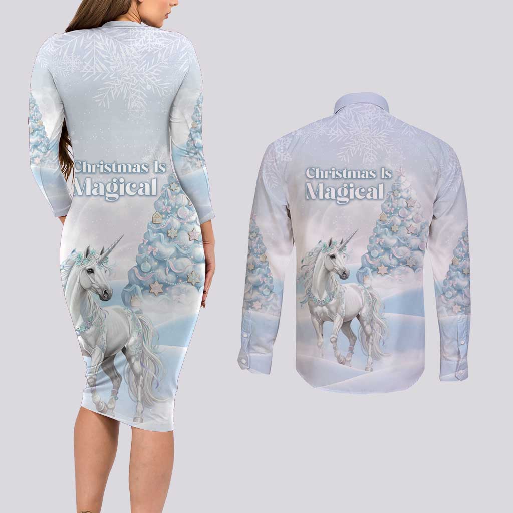 Magical Christmas Couples Matching Long Sleeve Bodycon Dress and Long Sleeve Button Shirt Unicorn With Cotton Candy Xmas Tree - Wonder Print Shop