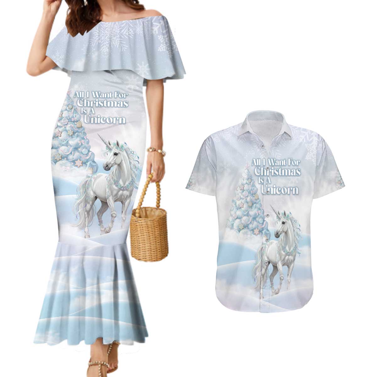 Magical Christmas Couples Matching Mermaid Dress and Hawaiian Shirt Unicorn With Cotton Candy Xmas Tree - Wonder Print Shop